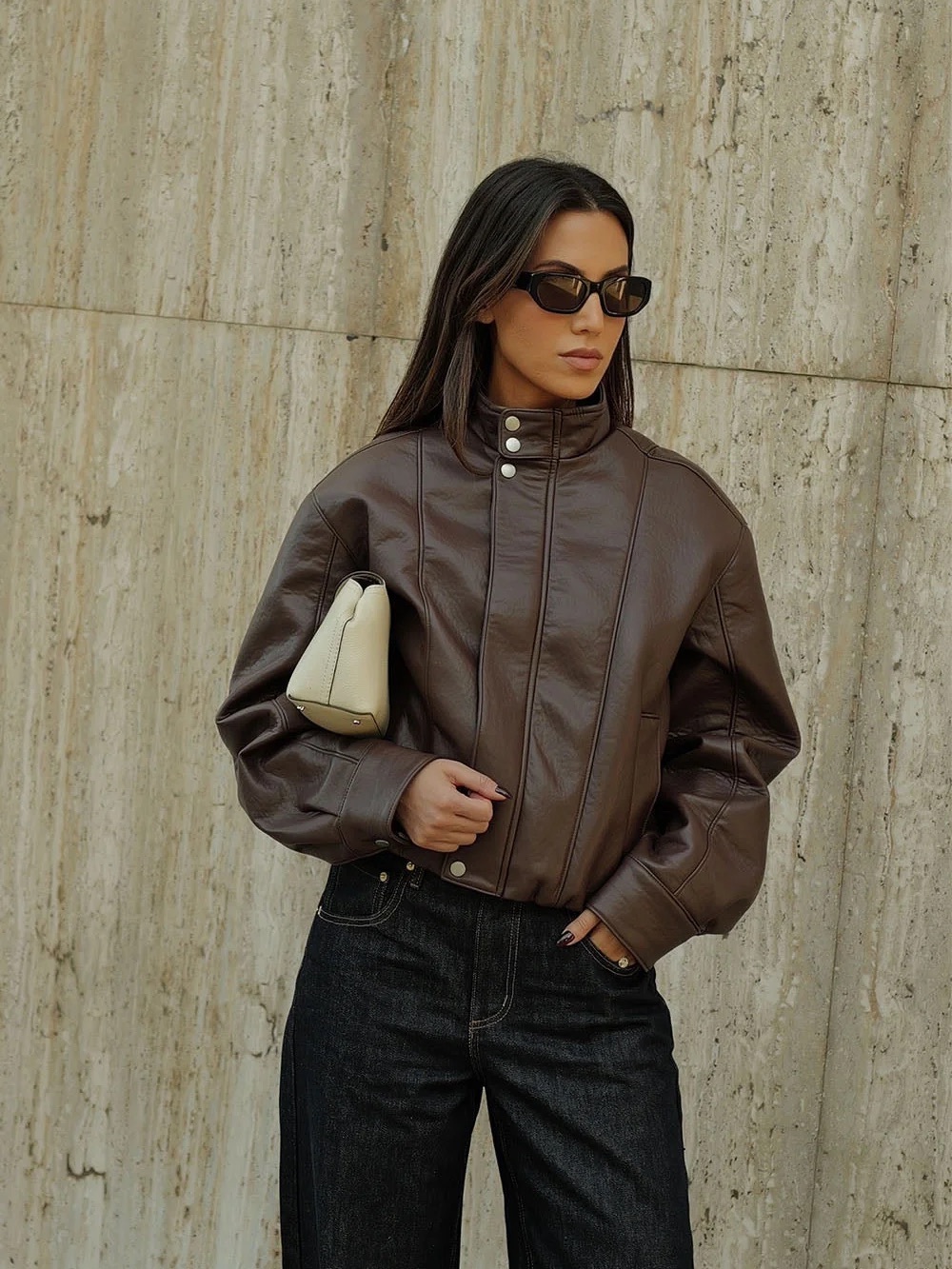 Curtis Faux Leather Bomber Jacket - Dark Chocolate